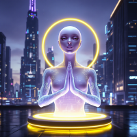 A futuristic figure with a serene expression, posed in a praying position, surrounded by a glowing halo, set against a vibrant city skyline, embodying wisdom over survival.