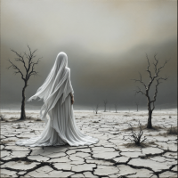 A figure in a flowing white garment stands on cracked earth, surrounded by barren trees under a bleak sky, embodying a deep emptiness reflective of the desolate world.