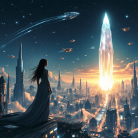 A figure in a flowing gown gazes over a futuristic city with towering spires and a radiant crystal, symbolizing ambition and the limitless potential of humanity's future.