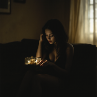 A contemplative woman sits in a dimly lit room, gazing at a glass box filled with light, embodying the essence of pursuing happiness and personal joy.