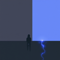 A solitary figure stands between dark and light backgrounds, with a striking blue lightning bolt illuminating the ground, symbolizing the connection between trauma and emotional resolution.