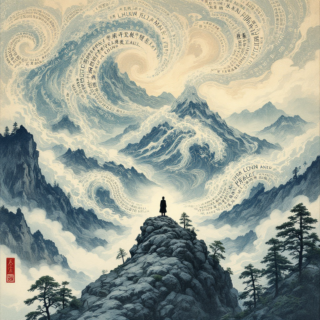 A lone figure stands atop a rocky outcrop, gazing at swirling clouds shaped by floating words, set against majestic mountains, symbolizing the power of language to inspire action and emotion.