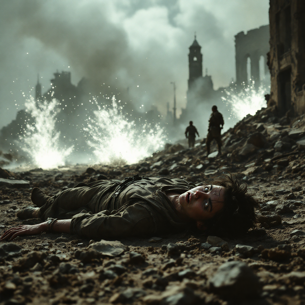 A desolate landscape with a figure lying on the ground, surrounded by ruins and smoke. Soldiers move in the background amid explosions, reflecting the challenges of survival in dire circumstances.