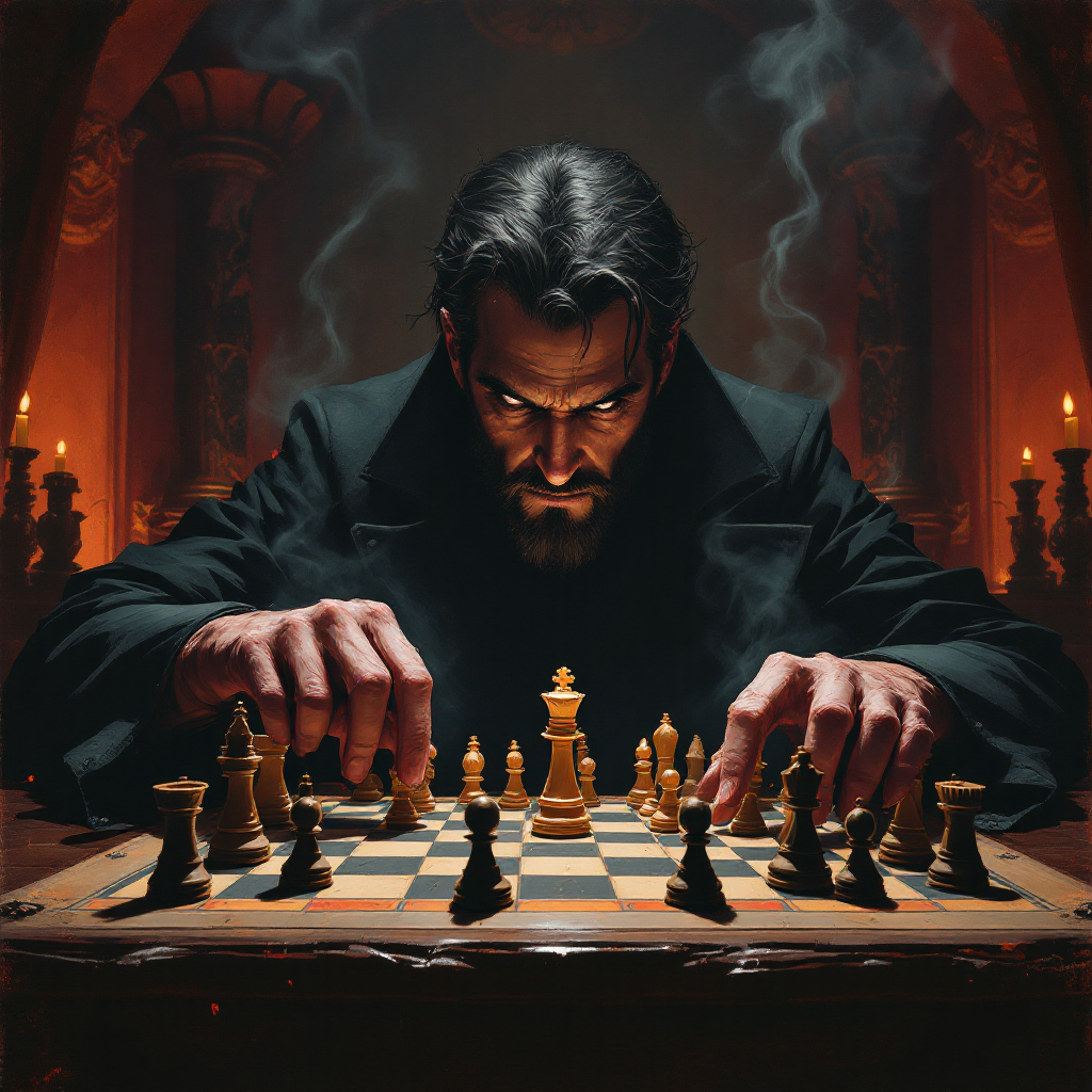 A focused man in a dark cloak contemplates a chessboard, symbolizing the high stakes of power. Dramatic lighting and smoke enhance the tension, reflecting the quote about strategic decisions.