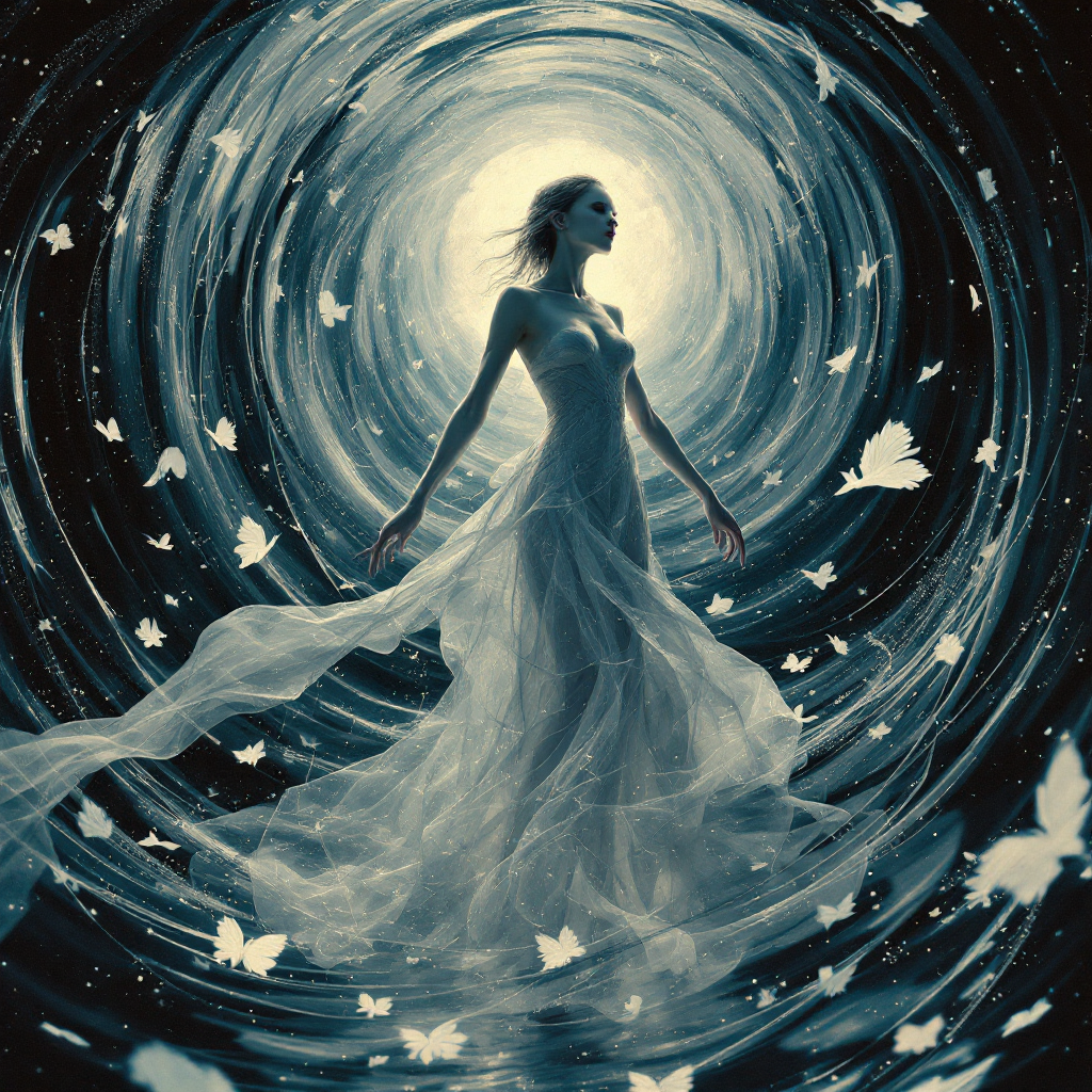 A ethereal figure in a flowing dress stands in a swirling vortex of light and butterflies, embodying feelings of confusion and the quest for understanding.