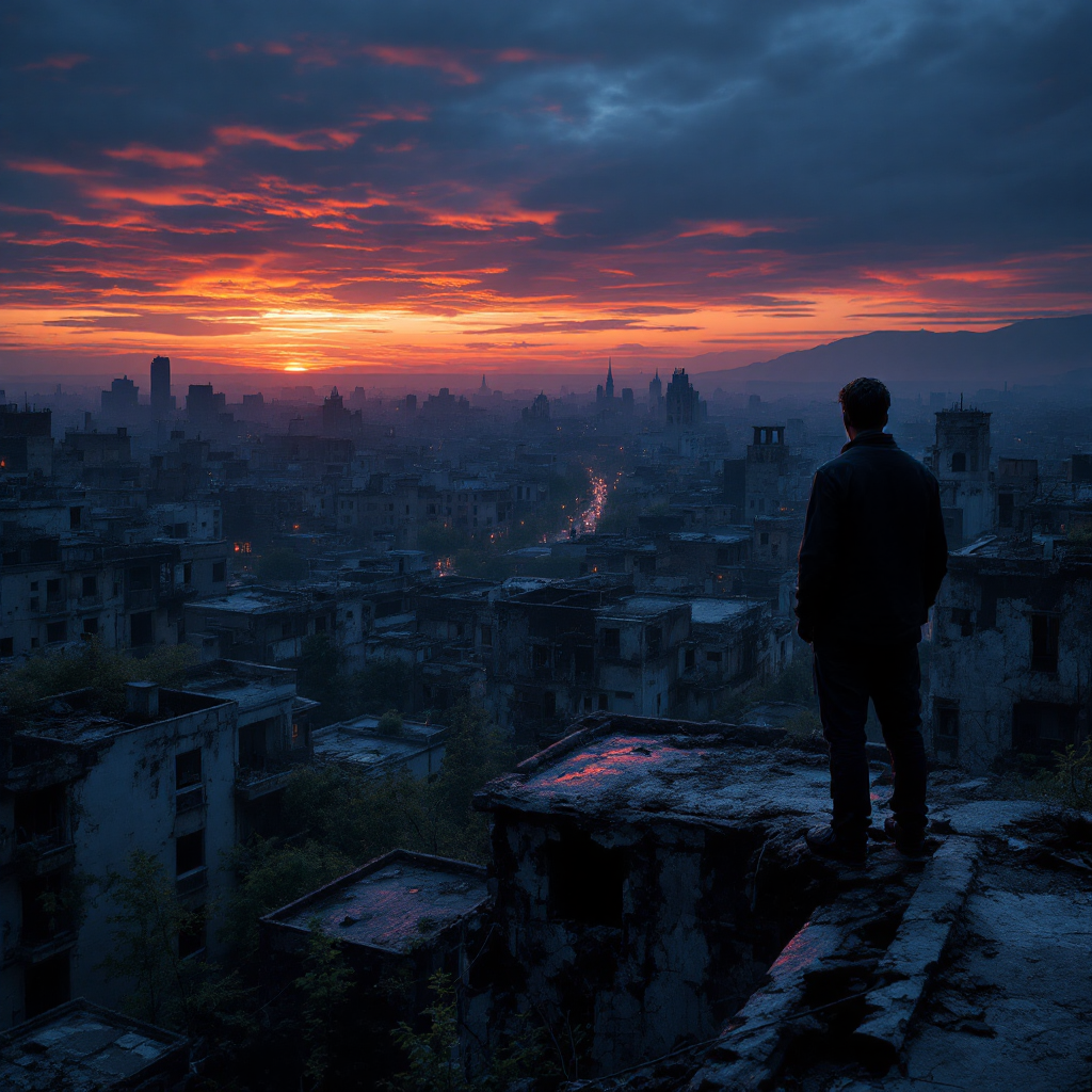 A lone figure stands on a rooftop overlooking a desolate cityscape under a dramatic sunset, embodying the quote about humanity's impact on the world.