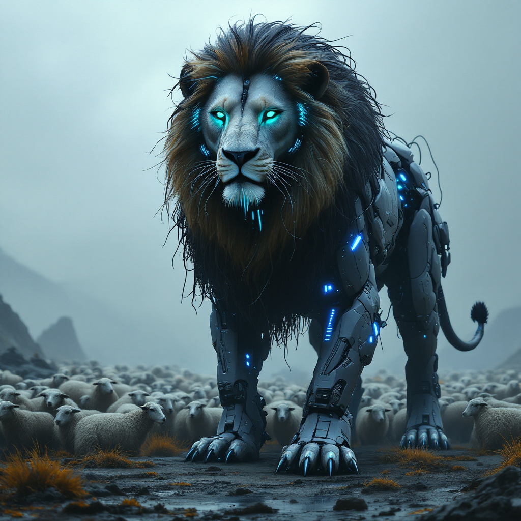 A mechanical lion with glowing blue eyes stands majestically on rocky terrain, overlooking a flock of sheep, embodying the quote, A lion does not concern himself with the opinion of sheep.