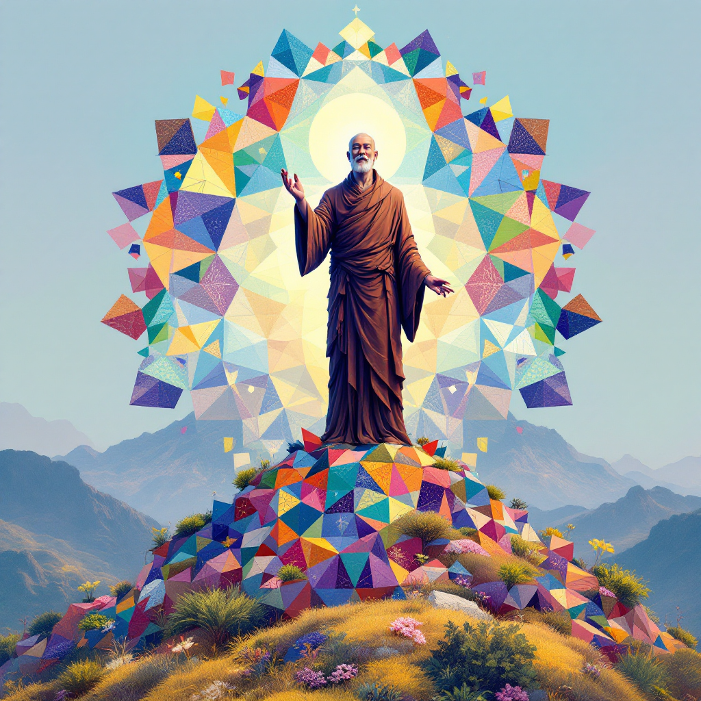 A serene figure stands atop a vibrant, geometric landscape, embodying the quote about the nobility of goodness and teaching, surrounded by mountains and colorful patterns.