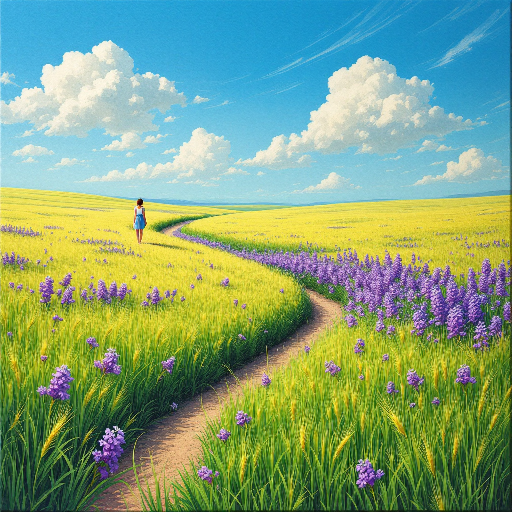 A vibrant landscape features a winding path through golden grass and clusters of purple flowers, embodying the essence of the quote about appreciating beauty in nature.