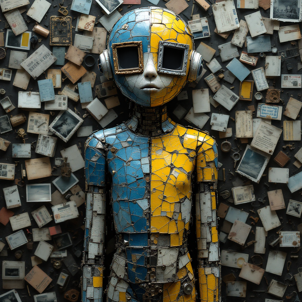 A stylized humanoid figure, painted in blue and yellow, stands amidst a collage of old photographs and memories, embodying the essence of what we have lost.