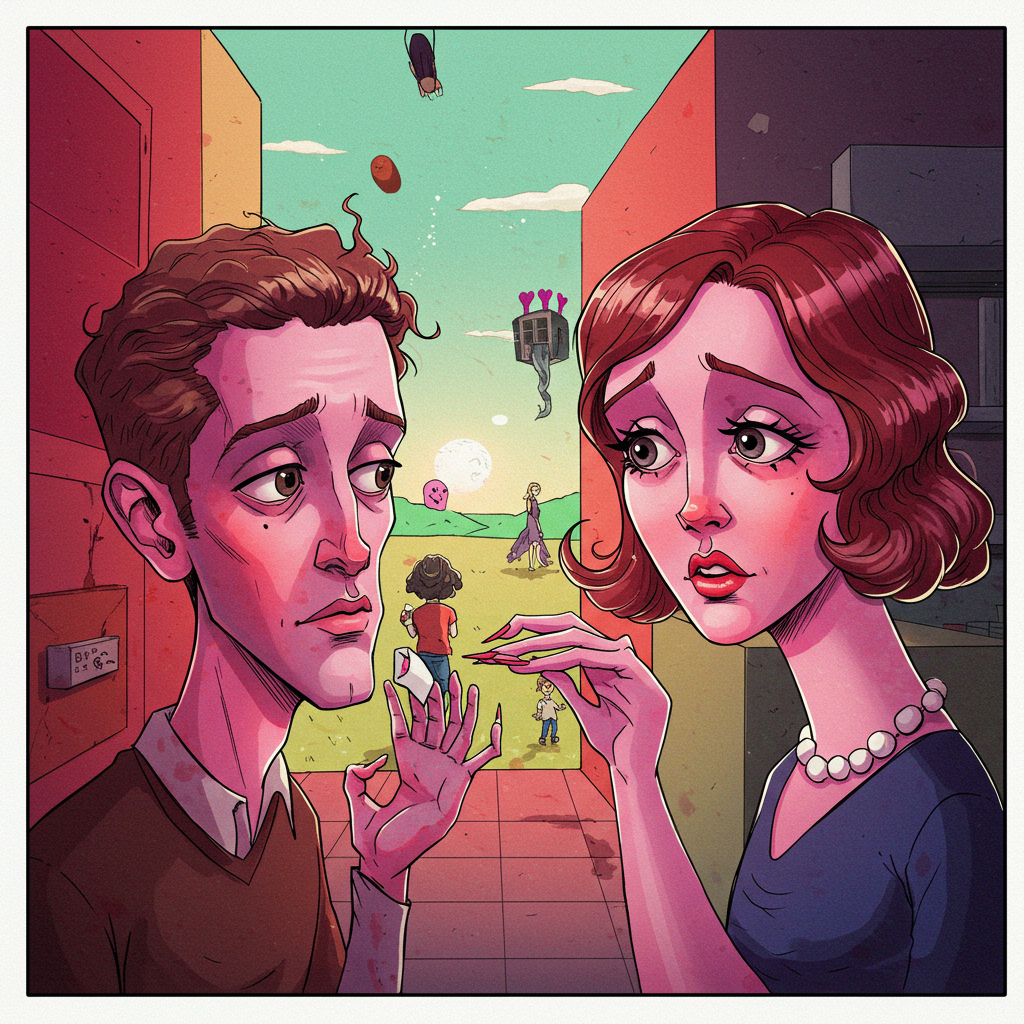 A tense conversation between two characters, a man and a woman, unfolds in a vibrant, surreal setting, embodying the uncertainty of friendship as echoed in the quote about cementing or poisoning it.