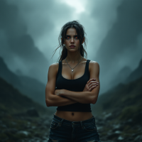 A determined woman stands confidently in a dramatic, misty landscape, arms crossed, embodying the spirit of resilience and defiance against adversity.