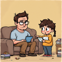 A child explains something to a confused adult, capturing the essence of the quote about grown-ups' struggles to understand without help, while surrounded by books and clutter.