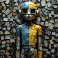 A stylized humanoid figure, painted in blue and yellow, stands amidst a collage of old photographs and memories, embodying the essence of what we have lost.