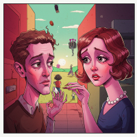 A tense conversation between two characters, a man and a woman, unfolds in a vibrant, surreal setting, embodying the uncertainty of friendship as echoed in the quote about cementing or poisoning it.