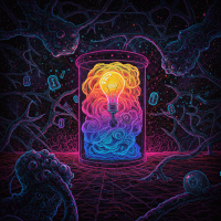 A glowing lightbulb encased in swirling colorful clouds at the center of a dark, web-like network with tentacle-like forms and glowing locks surrounding it.