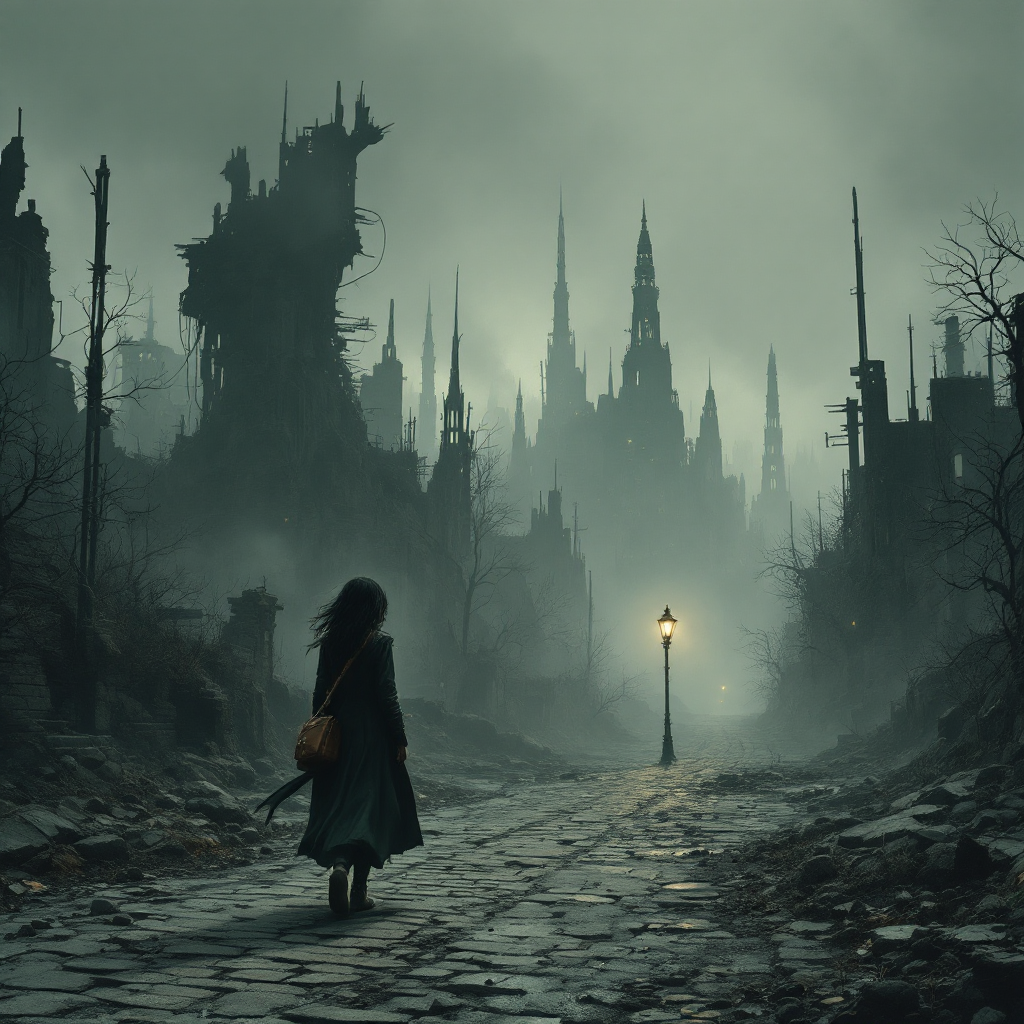 A solitary figure walks down a misty, desolate street, surrounded by shadowy ruins and spires, evoking a blend of peril and beauty in a grief-laden world.