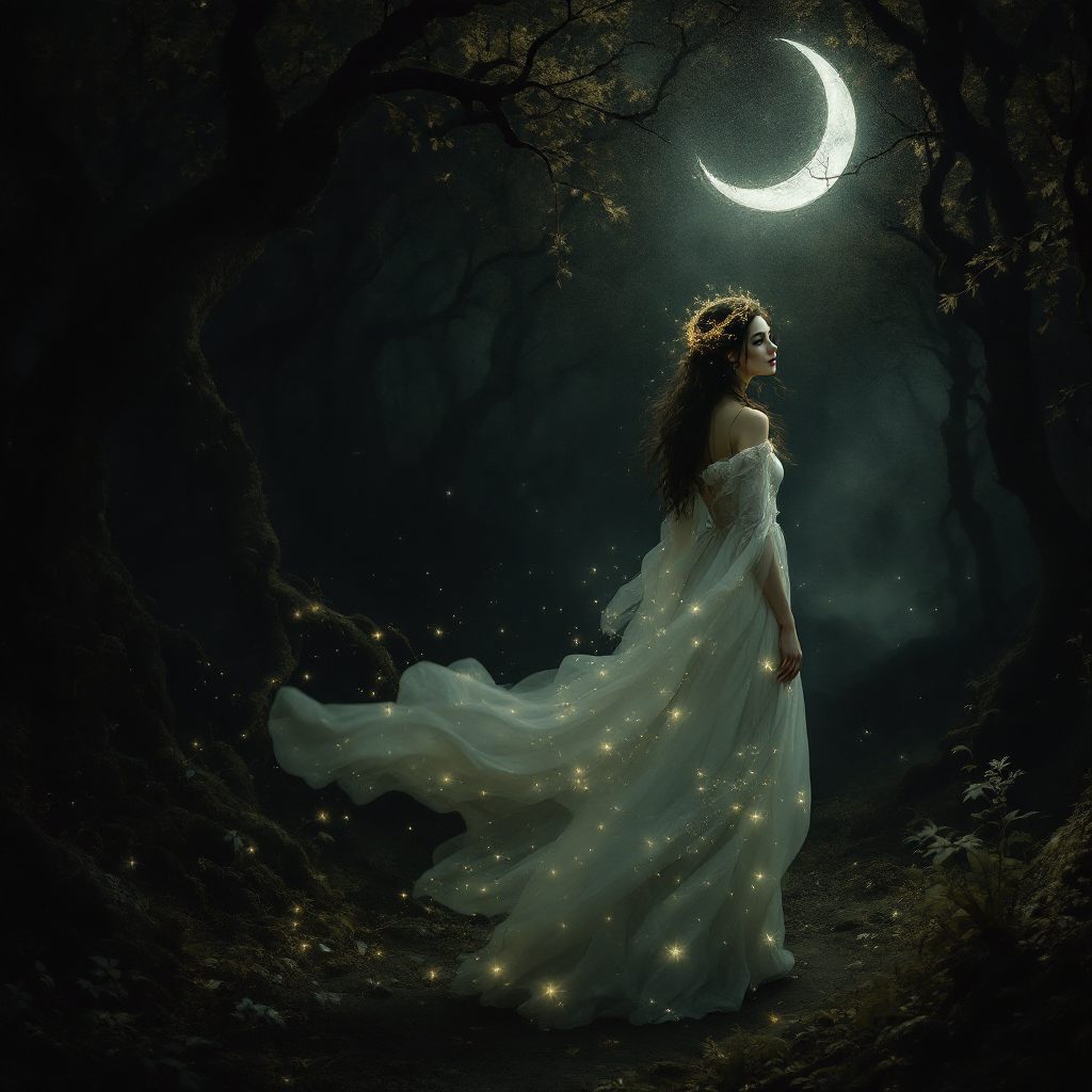 A mystical scene illuminated by a crescent moon, featuring a woman in a flowing white gown amidst dark, shadowy trees, capturing the contrast of light and dark reminiscent of a fairytale.