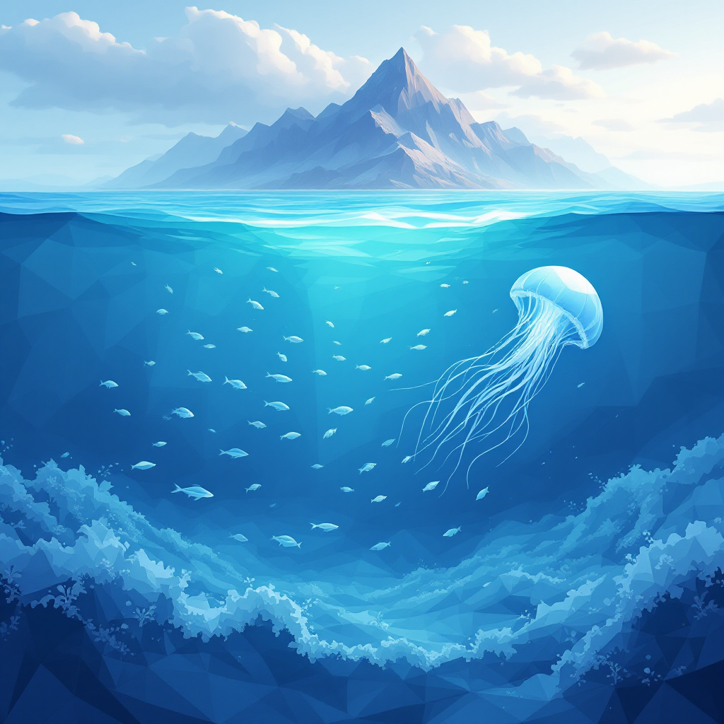 A serene ocean scene features a translucent jellyfish drifting among schools of fish, with a distant mountain under a bright sky, embodying the sea's mysteries and wonders.