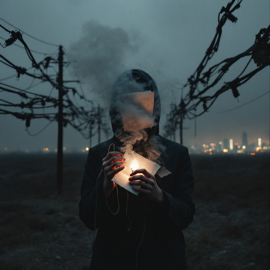 A hooded figure stands in a dark, desolate landscape, holding a glowing paper while smoke swirls around them, symbolizing the tension between connection and disconnection.