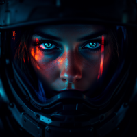 A marine with an aquiline face gazes intensely through an open visor, her composed expression highlighted by semi-darkness and captivating eyes that exude both strength and beauty.