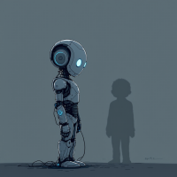 A robot with blue accents stands beside a shadowy outline of a boy, reflecting a poignant choice between their own kind and a deeper connection.