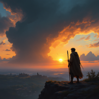 A lone figure stands on a rocky outcrop, cloaked against a dramatic sunset. He gazes over a vast landscape, embodying the quote, He was all that stood between them and the world.