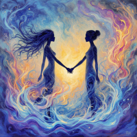 Two ethereal figures, intertwined in vibrant swirls of blue and orange, hold hands against a luminous backdrop, embodying the delicate balance of friendship amid chaos.