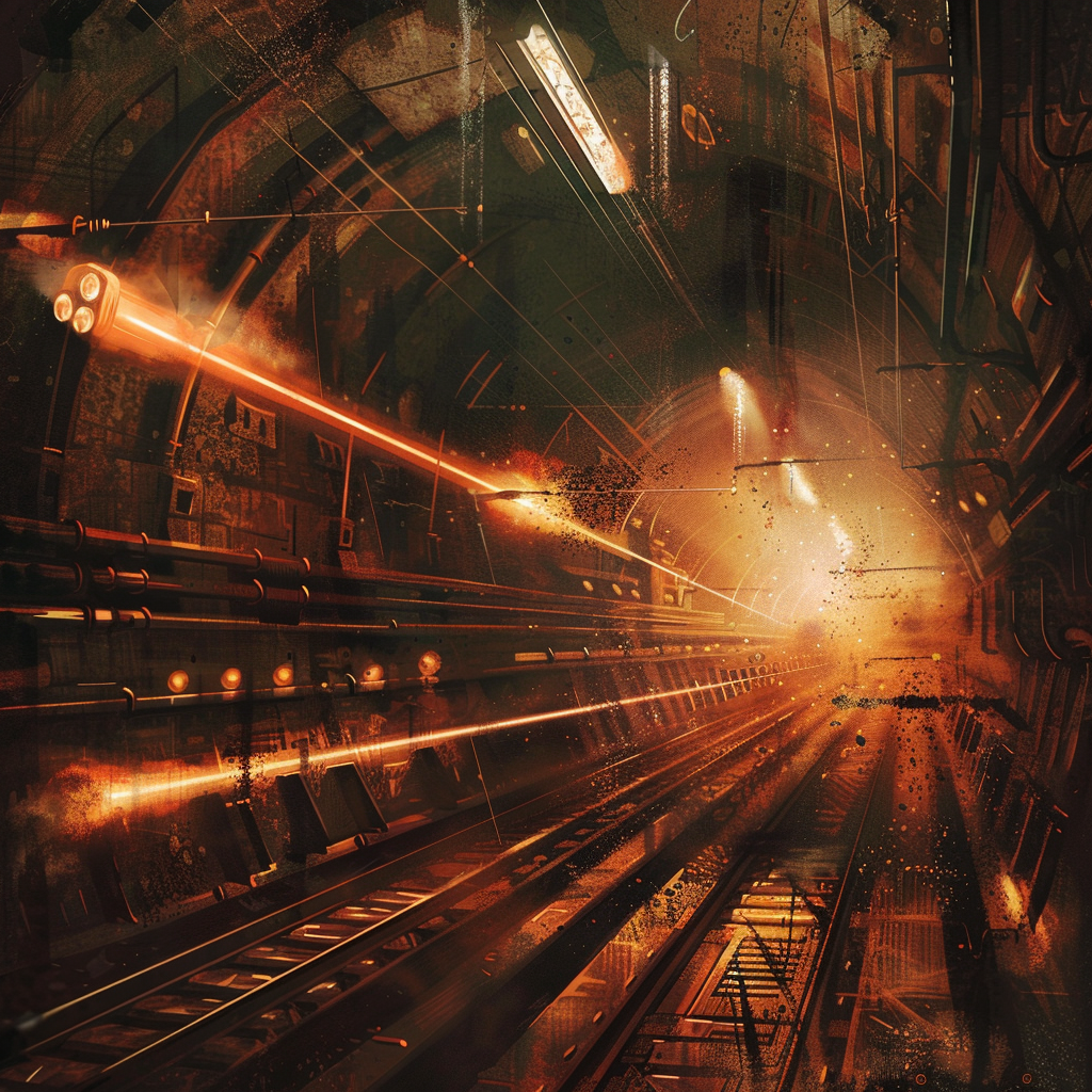 A chaotic, fiery scene depicting electromagnetic rails underdeck, crackling and firing solid superdense depleted uranium projectiles, with vivid bursts of light and intense energy.