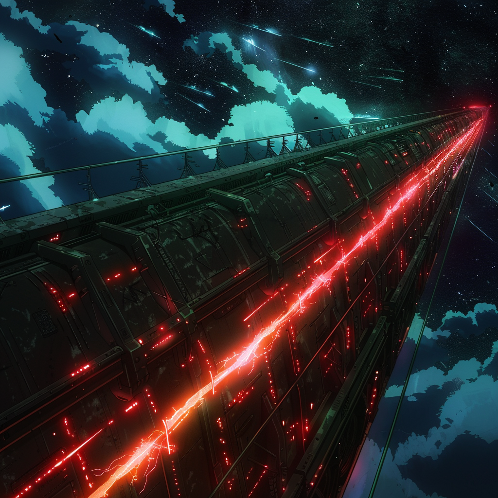 A sci-fi scene with electromagnetic rails underneath a deck, crackling with red energy, firing superdense projectiles into the starry night sky.