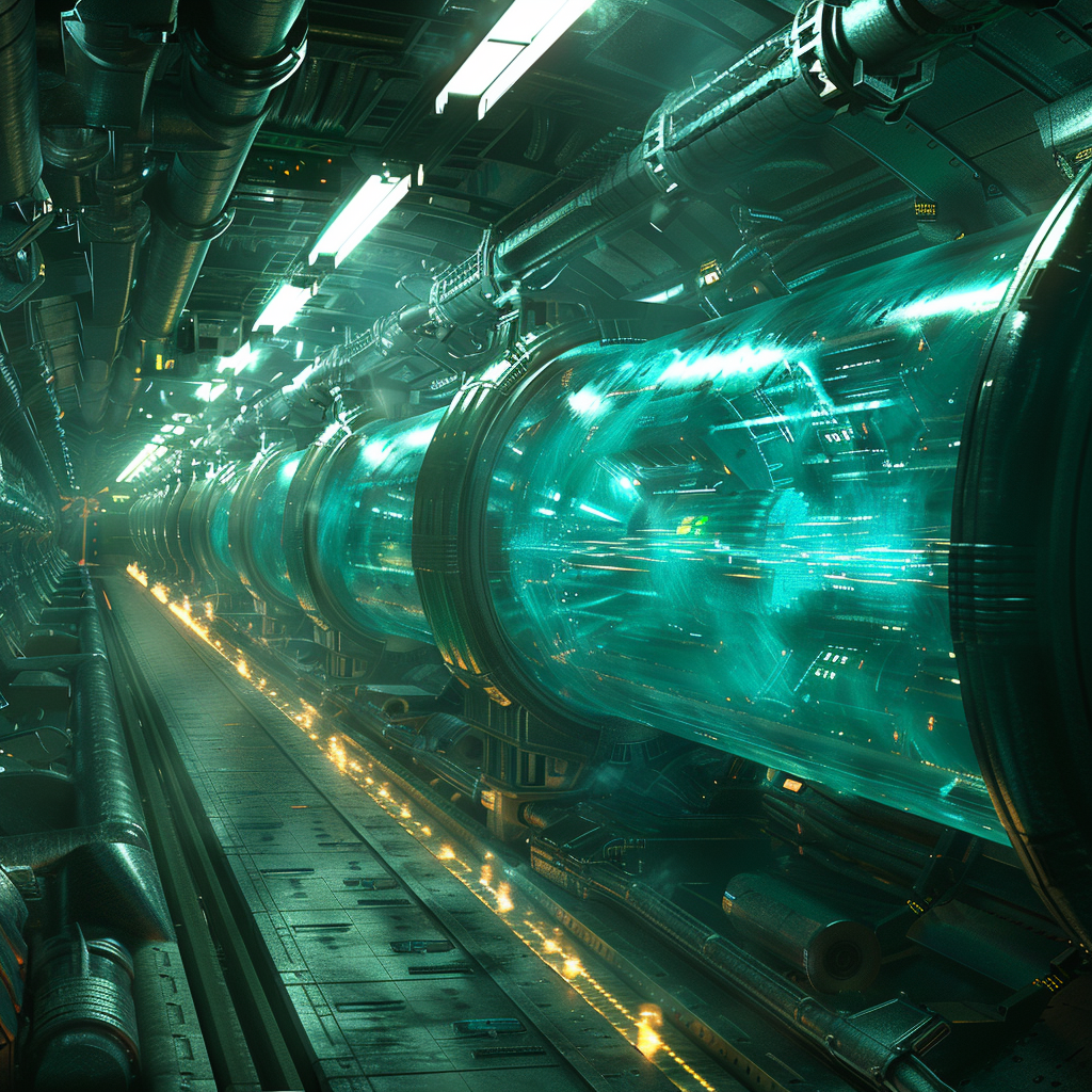 The image shows a futuristic, high-tech interior with electromagnetic rails under the deck, crackling with energy as they fire pulsed salvos of solid projectiles made of superdense depleted uranium.