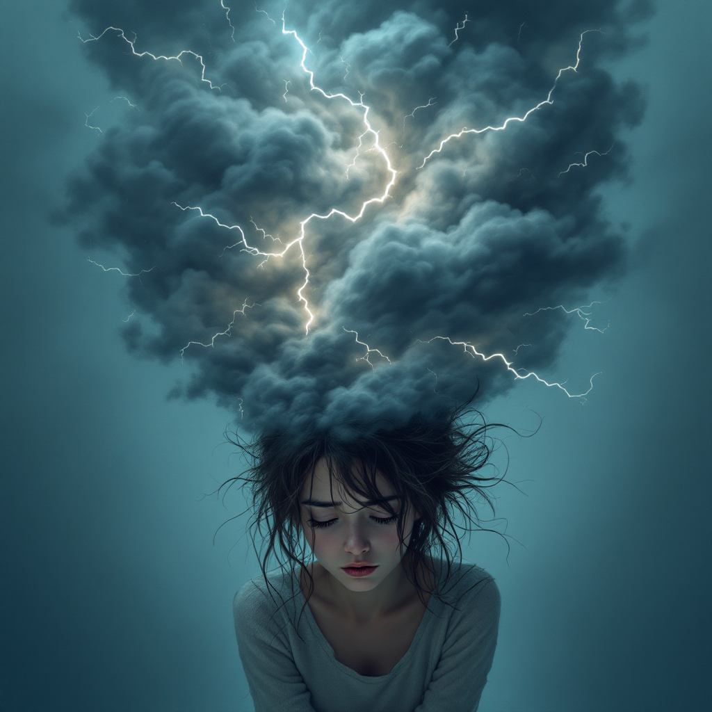 A young woman sits with her eyes closed, her hair wild, while dark, stormy clouds and bolts of lightning swirl above her head, embodying the turmoil of a clouded mind.