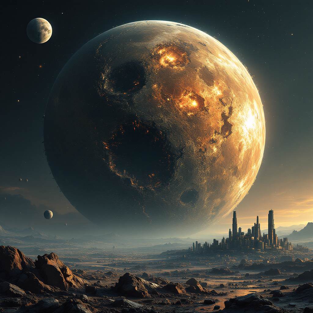 A ravaged outer planet, dotted with massive factory-like machines, surrounded by swirling debris and a vast asteroid field, with a mutilated technology structure looming in the background.