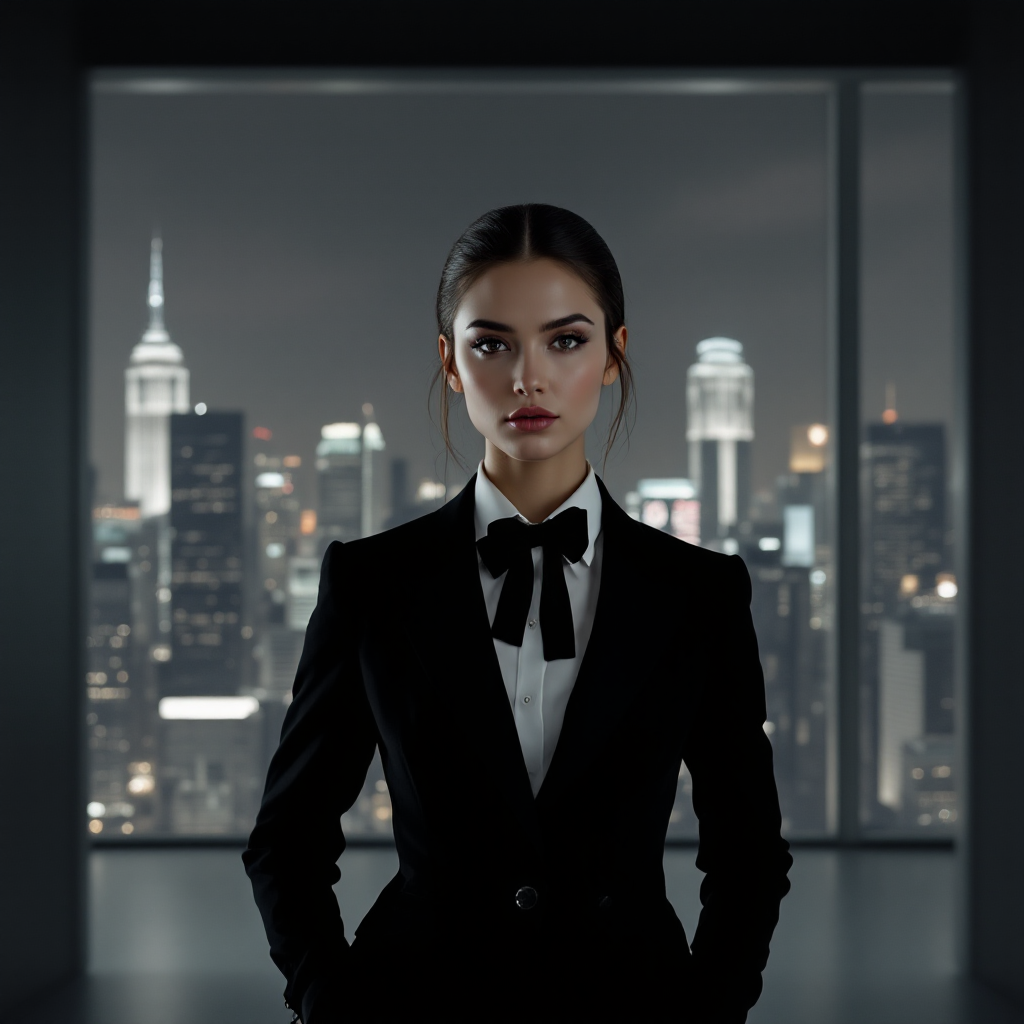 A confident young woman in a tailored suit stands poised in front of a city skyline at night, embodying strength and authority amid a backdrop of lights and skyscrapers.