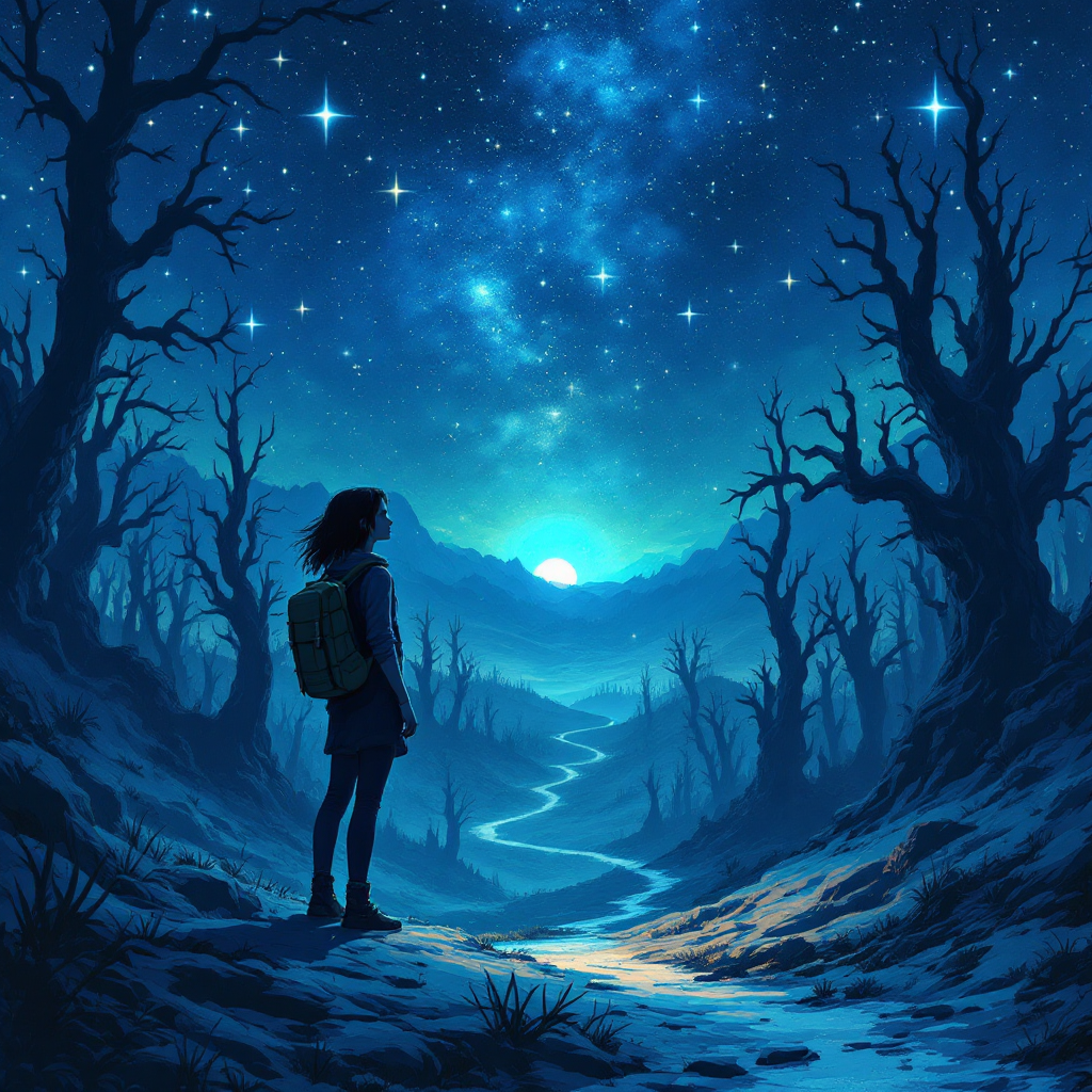 A figure stands on a winding path under a starry sky, surrounded by dark, leafless trees, embodying the essence of exploration and the journey into the unknown.