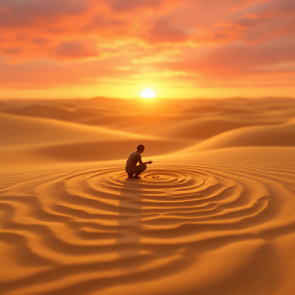 A silhouette of a person kneels in sand, creating ripples as the sun sets on the horizon, embodying the idea that small decisions can lead to significant outcomes.