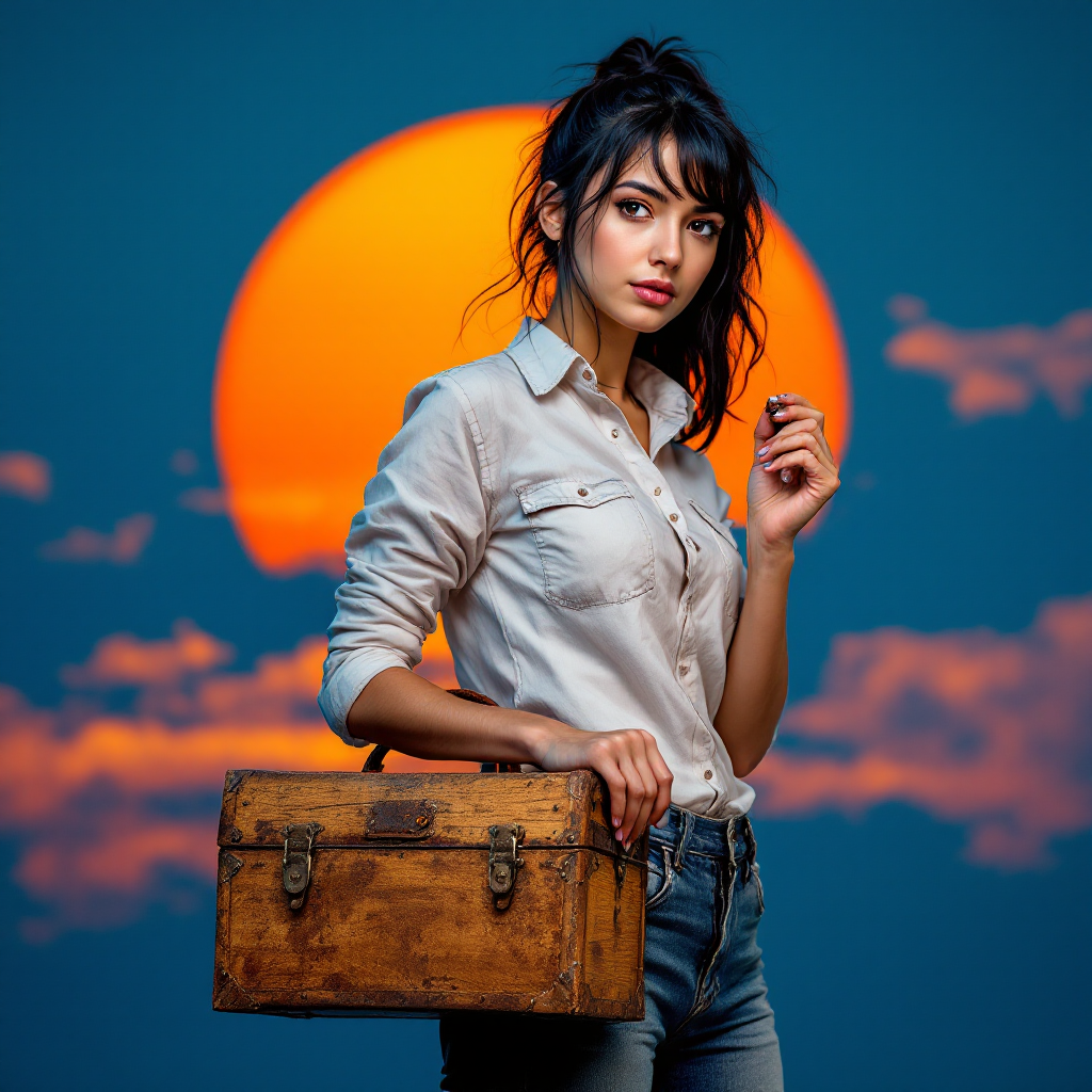 A woman stands confidently with a vintage wooden suitcase against a vibrant sunset backdrop, embodying the quote, It’s not what you have, it’s what you do with what you have.