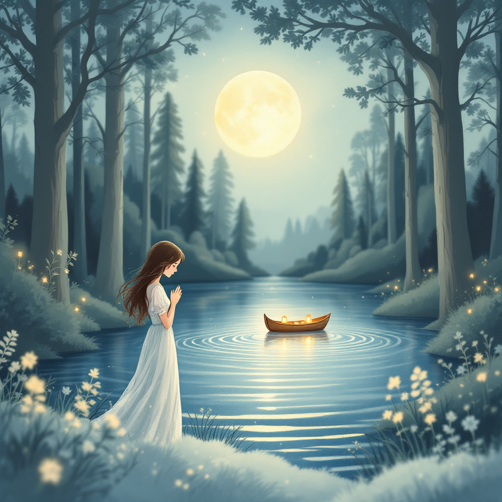 A tranquil scene features a young woman in a white dress standing by a moonlit river, contemplating a softly glowing boat, evoking themes of farewell and the pain of goodbyes.