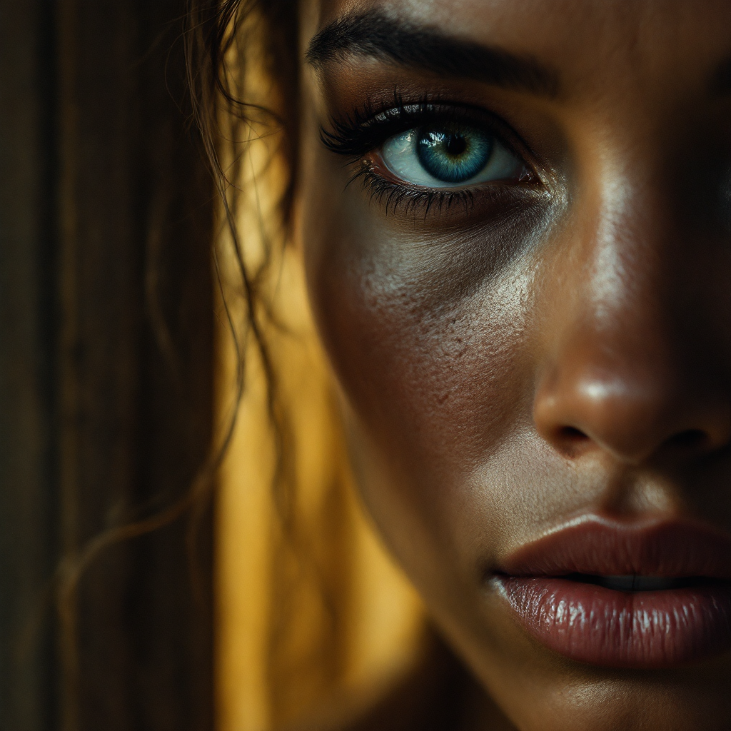 A close-up of a young woman’s face, illuminated by warm light, capturing her intense gaze and contemplative expression, reflecting the inner battle of conquering doubt.