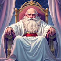 A large, soft leader lounges in an ornate throne, wrapped in flowing robes. His intelligent, doughy face features round cheeks and a small chin, embodying a powerful presence.