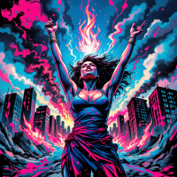 A powerful figure stands amidst a fiery, chaotic cityscape, arms raised triumphantly as flames rise around her, embodying resilience and strength in the face of adversity.