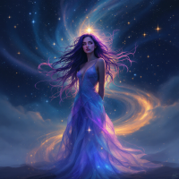 A mystical figure with flowing hair stands among vibrant celestial swirls and stars, embodying the quote: Fate is a construct; forge your own destiny among the celestial bodies.