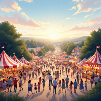 A vibrant fair scene at sunset, bustling with diverse crowds, embodying the idea of unity and collaboration, reflecting the potential of America when its people work together.