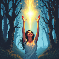 A joyful woman in a flowing white dress reaches up to a radiant light emanating from above, surrounded by dark, shadowy trees, embodying the quote about finding happiness in darkness.