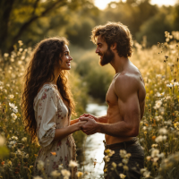 A couple stands in a sunlit meadow, holding hands and gazing into each other's eyes, embodying the quote about authenticity and connection over perfection.