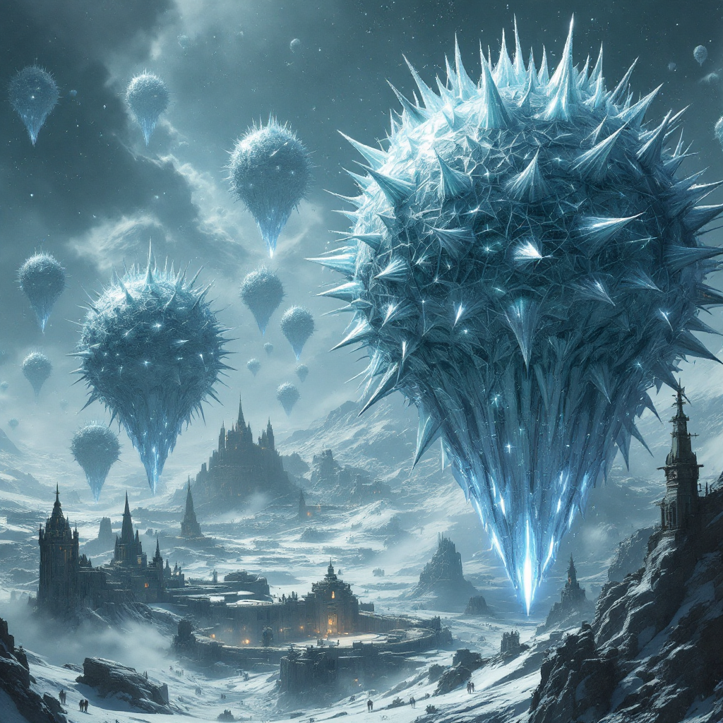 A snowy landscape features giant, spiked spherical ships resembling icy globes, hovering above a hidden empire amidst a spectacular titanic war.