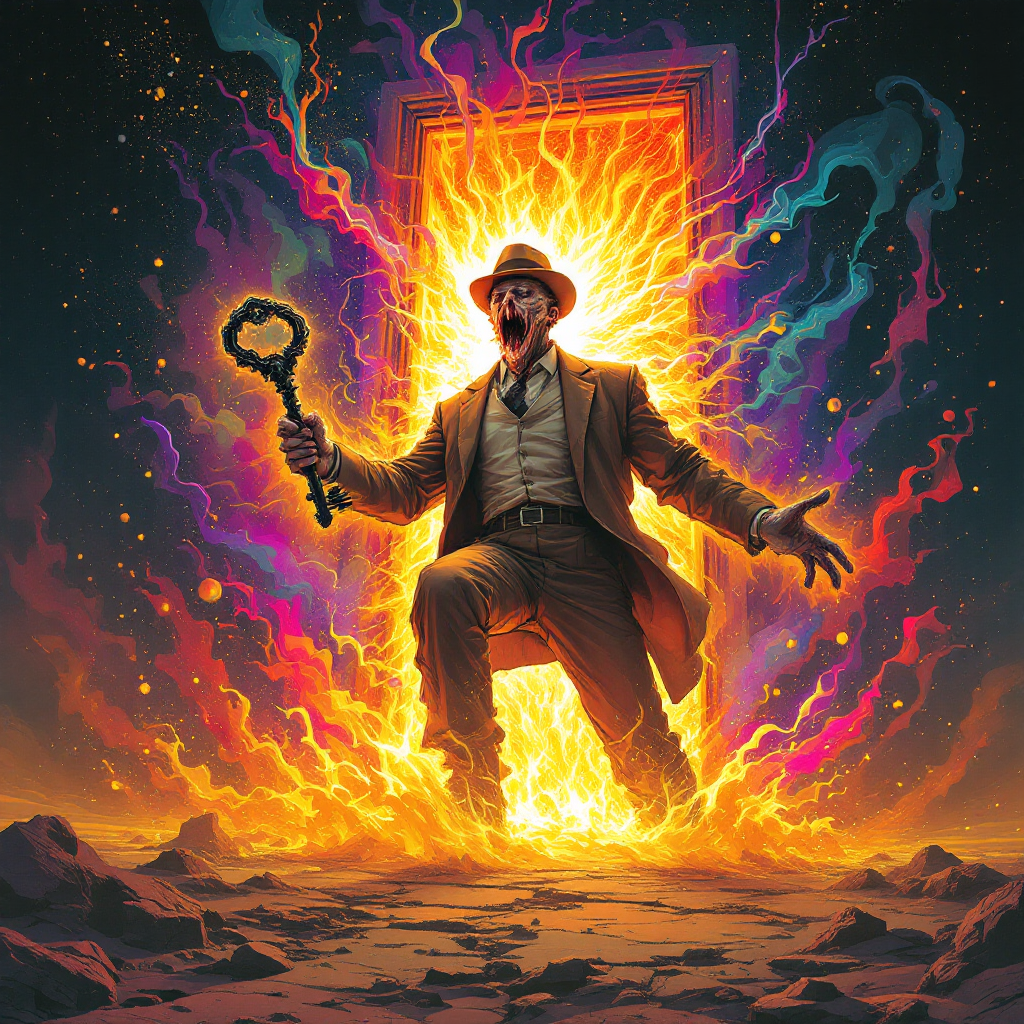 A man in a hat strides through a fiery portal, holding a key. Vibrant colors burst from the door, symbolizing an awakening that transforms and expunges the Common Man forever.