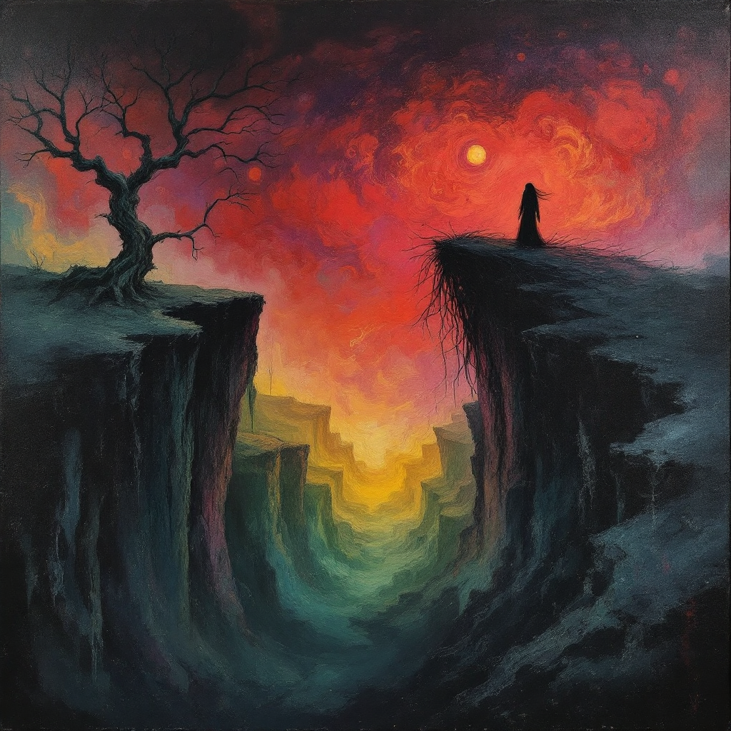 A solitary figure stands on a cliff's edge, gazing into a vibrant, swirling sky with deep reds and oranges, symbolizing the tension between exploring the unknown and living a half-life.