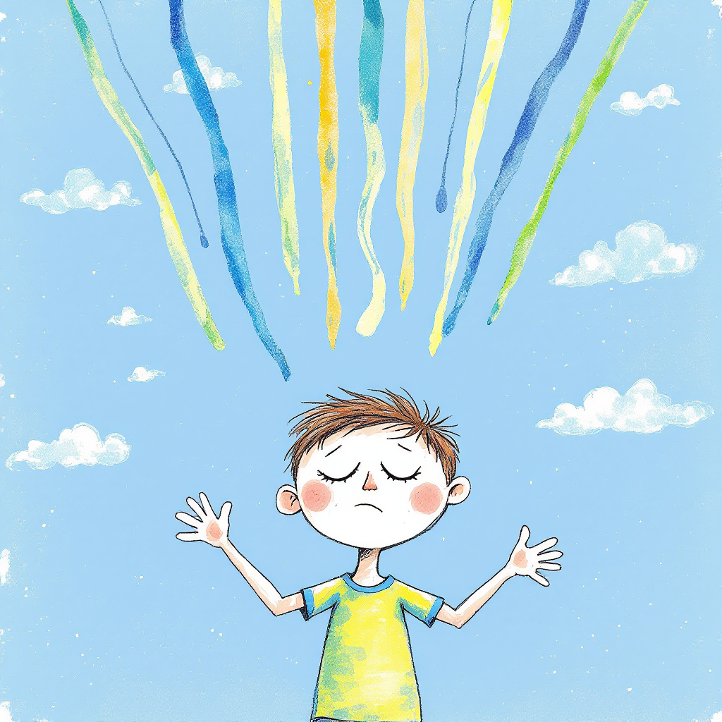 A boy with closed eyes stands with arms outstretched under a bright blue sky, colorful beams of light streaming downward, embodying adjustment and acceptance.