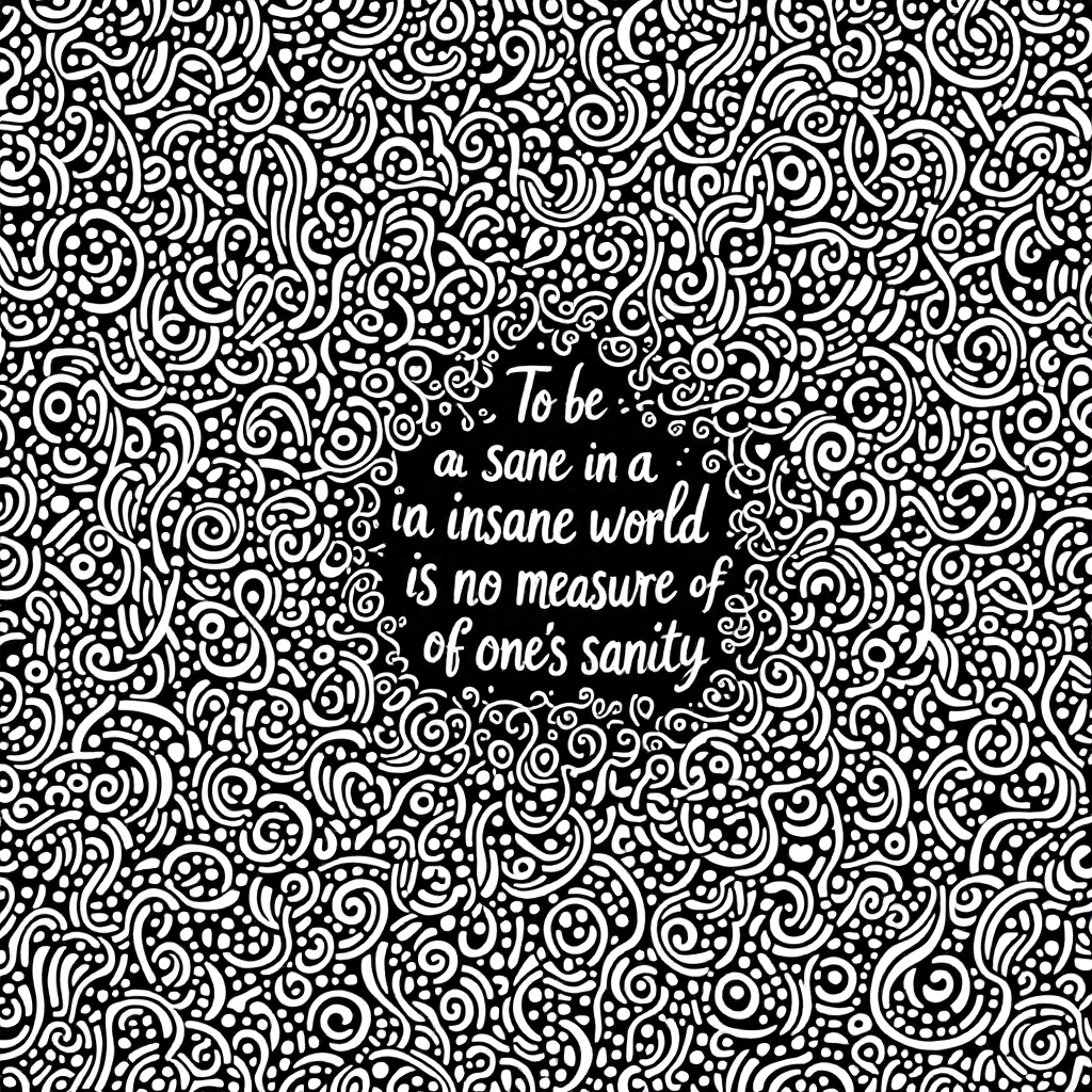 A black and white illustration featuring intricate swirling patterns surrounds a central quote: To be sane in an insane world is no measure of one's sanity.